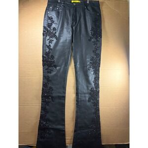 GUAPI Premium Black Coated Jeans Mens 34 Floral Beaded Stacked Flare Pants
